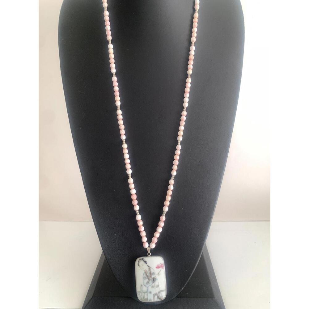 Vintage Chinese Porcelain Shard Necklace, Sterling & Pink Czech Glass - Picture 3 of 9